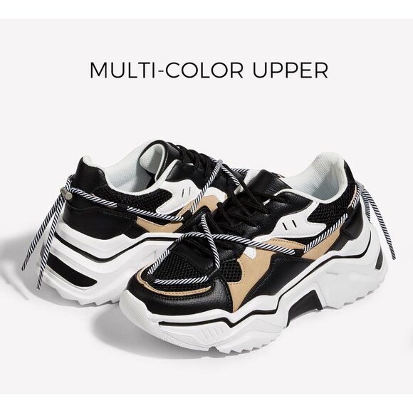 Brand New Women Black/White Polyurethane Chunky Dad Platform Fashion Sneakers - Picture 2 of 9